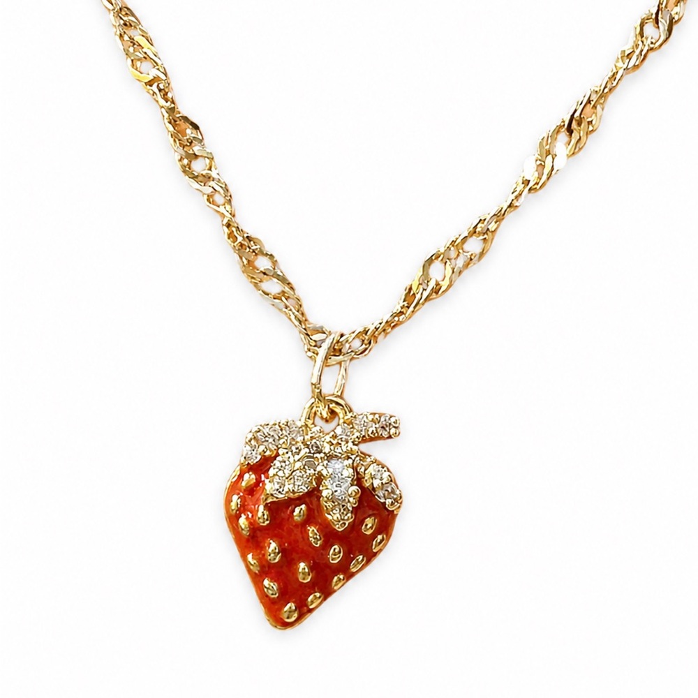 Gold Tone Strawberry Pendant Necklace